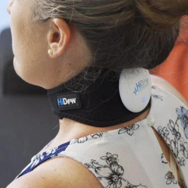 HiDow Neck Wrap being worn with wireless receiver